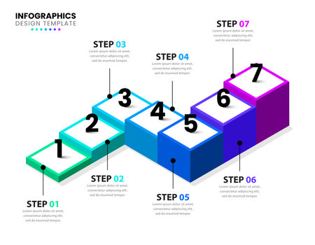 Infographic template with 7 options or steps. Isometric Staircase. Can be used for workflow layout, diagram, banner, web design. Vector illustrationのイラスト素材