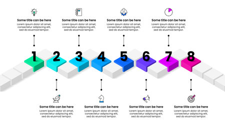 Infographic template with icons and 8 options or steps. Isometric path. Can be used for workflow layout, diagram, banner, web design. Vector illustrationのイラスト素材