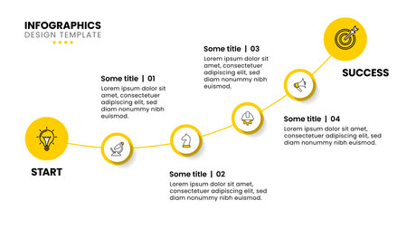 Infographic template with icons and 4 options or steps. Yellow line. Can be used for workflow layout, diagram, banner, web design. Vector illustrationのイラスト素材