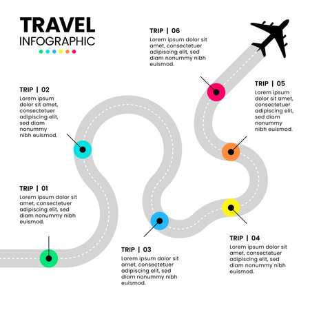 Infographic template with icons and 6 options or steps. Travel concept. Can be used for workflow layout, diagram, banner, web design. Vector illustrationのイラスト素材