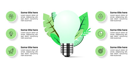 Infographic template with icons and 6 options or steps. Green bulb. Can be used for workflow layout, diagram, banner, web design. Vector illustrationのイラスト素材