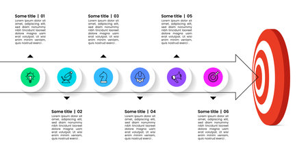 Infographic template with icons and 6 options or steps. Dart board. Can be used for workflow layout, diagram, banner, web design. Vector illustrationのイラスト素材