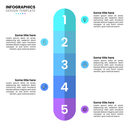 Infographic template with icons and 5 options or steps. Vertical line. Can be used for workflow layout, diagram, banner, web design. Vector illustrationのイラスト素材