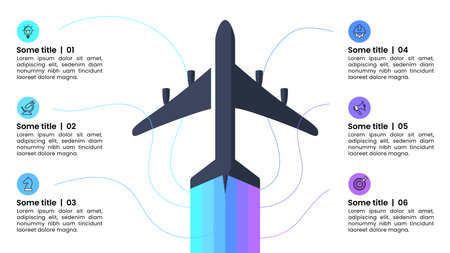 Infographic template with icons and 6 options or steps. Airplane. Can be used for workflow layout, diagram, banner, web design. Vector illustrationのイラスト素材