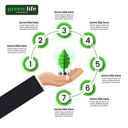 Infographic template with 7 options or steps. Green energy. Can be used for workflow layout, diagram, banner, web design. Vector illustrationのイラスト素材