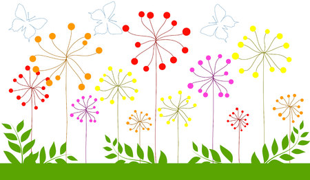 illustration of colorful forest with blue butterfliesのイラスト素材