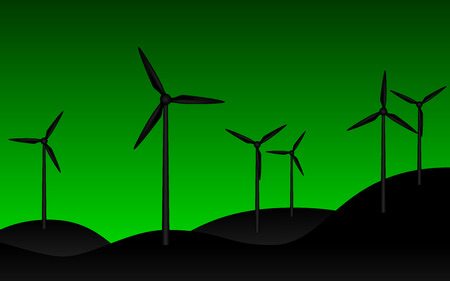 wind power plant silhouette, wind turbine on green backgroundのイラスト素材