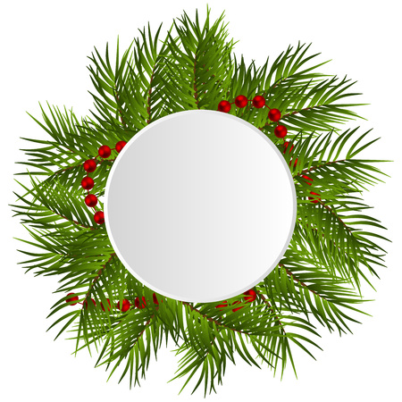 branch christmas wreath with space for text (greeting, ad etc.), christmas round white frameのイラスト素材