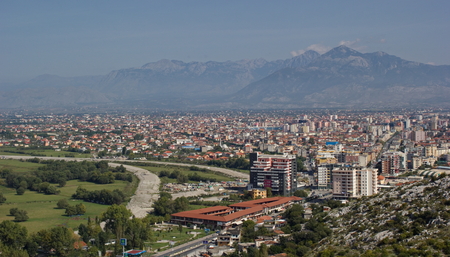 view from fortress Rozafa, city of Shkoder and Albanian Alps, Albaniaのeditorial素材