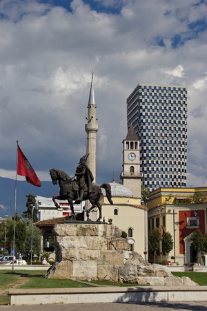city center of Tirana, statue of Skandenberg, Albaniaのeditorial素材