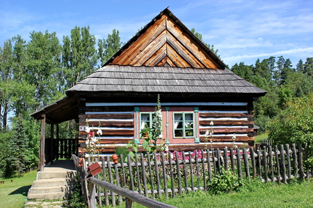 traditional wooden house of north east region of Slovakia open air museum in Stara Lubovnaのeditorial素材