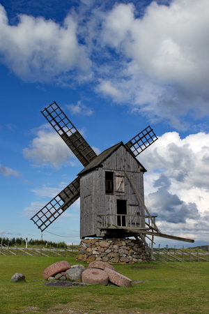 estonian old wooden wind mill on island Saaremaa, Estoniaの写真素材