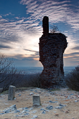 part of ruins castle in light of sunsetの写真素材