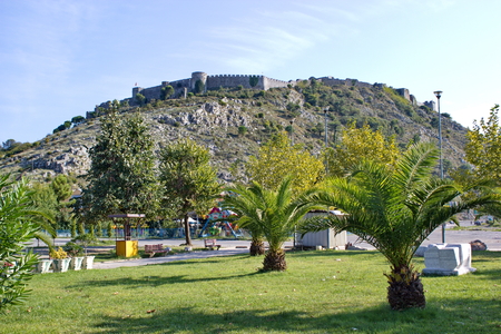 view on famous fortress Rozafa in Shkoder, Albaniaの写真素材