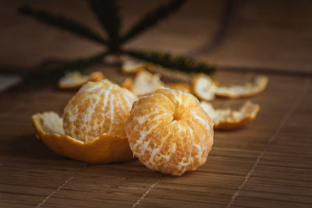 Mandarin on a wooden tableの写真素材