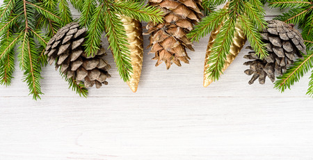 Christmas 2019. Wooden white background with a frame of twigs and conesの写真素材