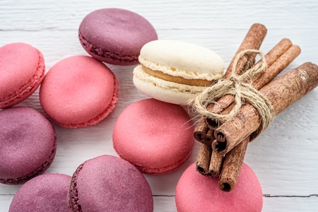 Sweet macarons on a white  background. Trendy cakes.の写真素材