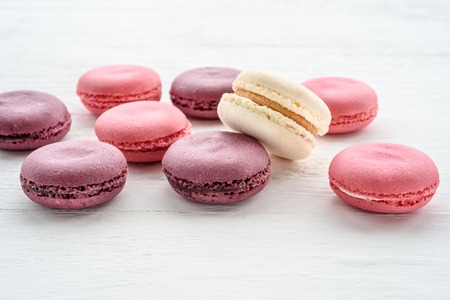 Sweet macarons on a white  background. Trendy cakes.の写真素材