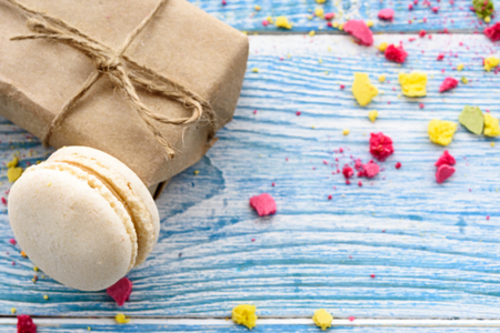 Sweet macarons on a white  background. Trendy cakes.の写真素材