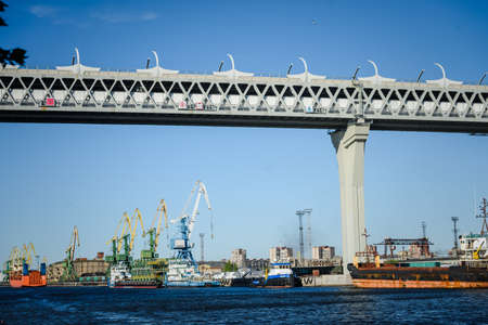 Russia, Saint Petersburg, may 30, 2020: Western high-speed diameter-main bridge over the seaportのeditorial素材