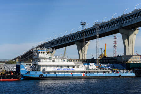 Russia, Saint Petersburg, may 30, 2020: View of the seaport. Cranes and ships.のeditorial素材
