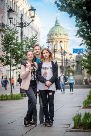 Russia. St. Petersburg, July 24, 2019: Teenagers walk around the city on the weekendのeditorial素材