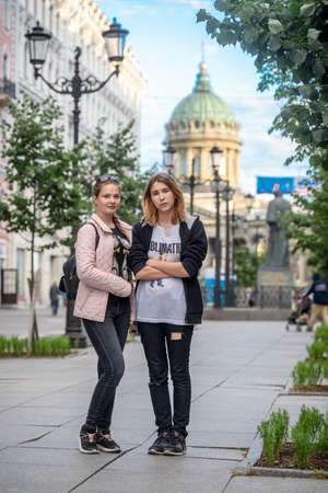 Russia. St. Petersburg, July 24, 2019: Two girls walking around the cityのeditorial素材