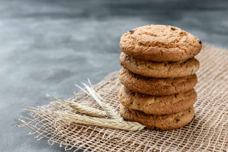 Homemade oatmeal cookies with raisins on a dark backgroundの写真素材