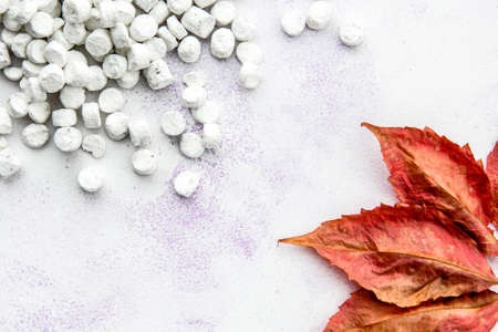Bath salt is white on top and copy space. Body care.の写真素材