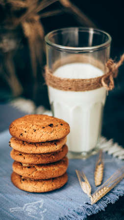 Fresh oatmeal cookies on a dark backgroundの写真素材