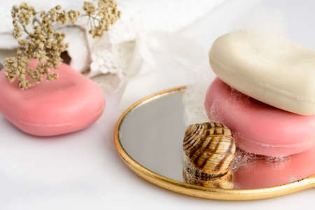 Toilet soap, foam, towel - Spa products. Hygiene and cleanliness of the body.の写真素材