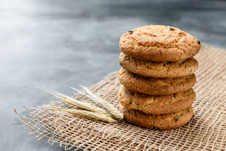 Homemade oatmeal cookies with raisins on a dark backgroundの写真素材