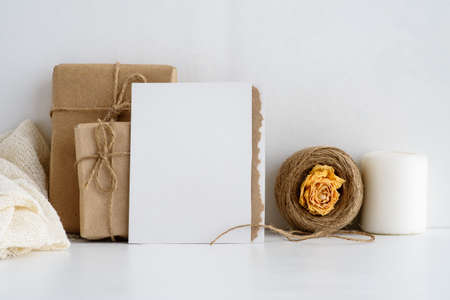 Fashion stock stationery background on a white background. blank postcard for lettering and gifts in kraft paper. Wedding background. Invitation card.の写真素材
