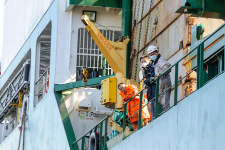 Russia, St. Petersburg, May 2021: Sailors on the deck of an oil tankerのeditorial素材