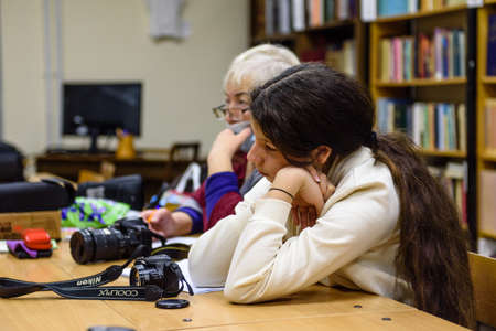Russia St. Petersburg November 2021: Students in the class listens to photo coursesのeditorial素材