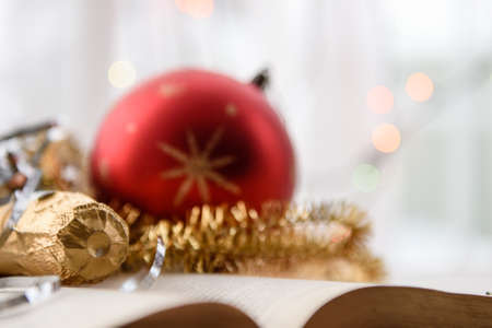Christmas background - close-up of a bottle of champagneの写真素材