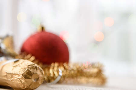 Christmas background - close-up of a bottle of champagneの写真素材