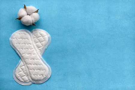 Cotton flower on blue paper background and sanitary pads for women, top view. The concept of hygiene and women's healthの写真素材