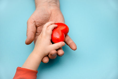 Adult and children's hands holding a red heart - the concept of health, love and family. Mother's Day, Health Day.の写真素材