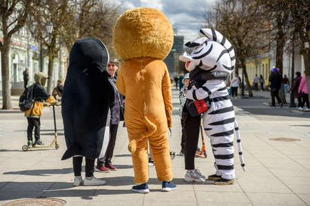 Russia, Gatchina, May 14, 2022: Animators in costume on the city street - work in advertisingのeditorial素材