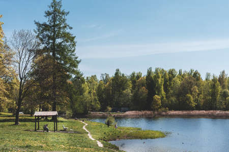 Russia, Gatchina, May 2022: people relax in a park on the lake shoreのeditorial素材