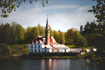 Priory Castle in Gatchina view from the lake. Russia, Gatchina.のeditorial素材