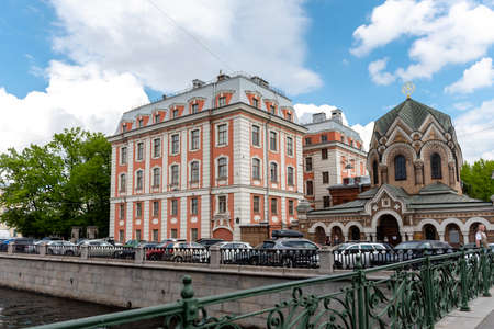 Russia, St. Petersburg, June 2022: bridge over the canal and view of the old town