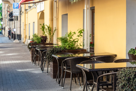 Saint Petersburg, Russia, 2022: Summer terrace cafe in the cityのeditorial素材