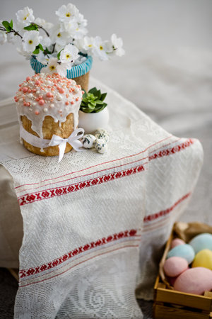 Easter background. Cake, eggs and rabbit.