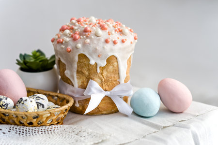 Easter background. Cake, eggs and rabbit.