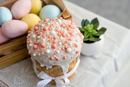 Easter background. Cake, eggs and rabbit.の写真素材