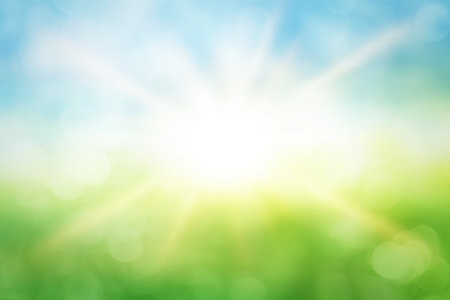 Abstract blurred background of nature. Summer natural background with sunlight and rays. The concept of the environmentの写真素材
