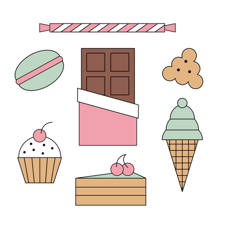 A set of simple sweet icons. Ice cream, chocolate, pasta, cookies, cheesecake, lollipop and cake.のイラスト素材