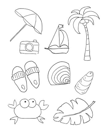 A set of summer doodle icons for travel, recreation, and tourism.   Beach accessories.のイラスト素材